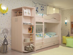 Кровать 2-х ярусная Мая с ящиками и шкафом на латофлексах млечный дуб в Кушве - kushva.magazinmebel.ru | фото