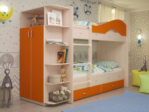 Кровать 2-х ярусная Мая с ящиками и шкафом на латофлексах оранж в Кушве - kushva.magazinmebel.ru | фото