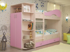 Кровать 2-х ярусная Мая с ящиками и шкафом на латофлексах розовый в Кушве - kushva.magazinmebel.ru | фото