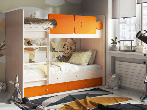 Кровать двухъярусная Тетрис латы с бортиками дуб млечный-оранжевый в Кушве - kushva.magazinmebel.ru | фото
